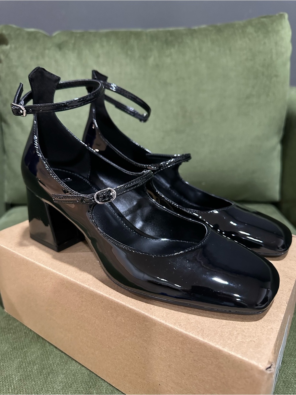 Mango Patent Leather Black Mary Jane Block Heel Pumps